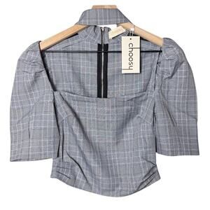 Choosy Cropped Black And White Plaid Short Puff Sleeve Cropped Blouse Top Size 0